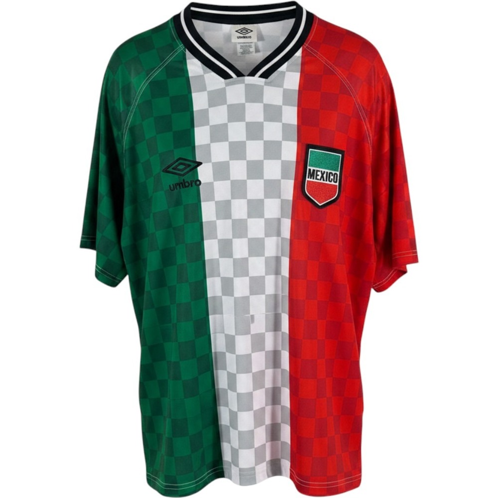 Umbro Mexico Soccer Jersey Mens Large Green White Red Checkered V-Neck Shirt NEW